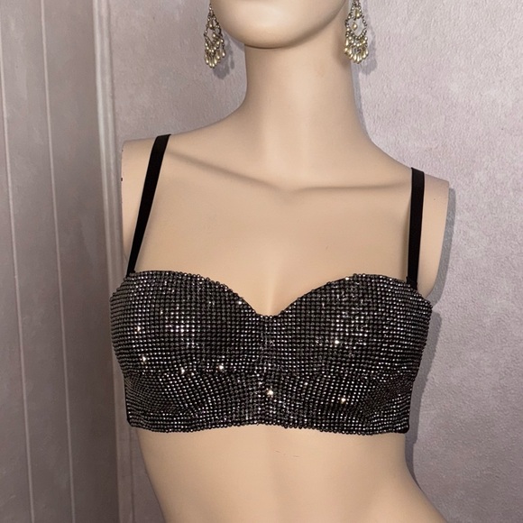 Windsor Black Silver Bling Bustier S NWTRhinestones Sparkling Crystal Bra